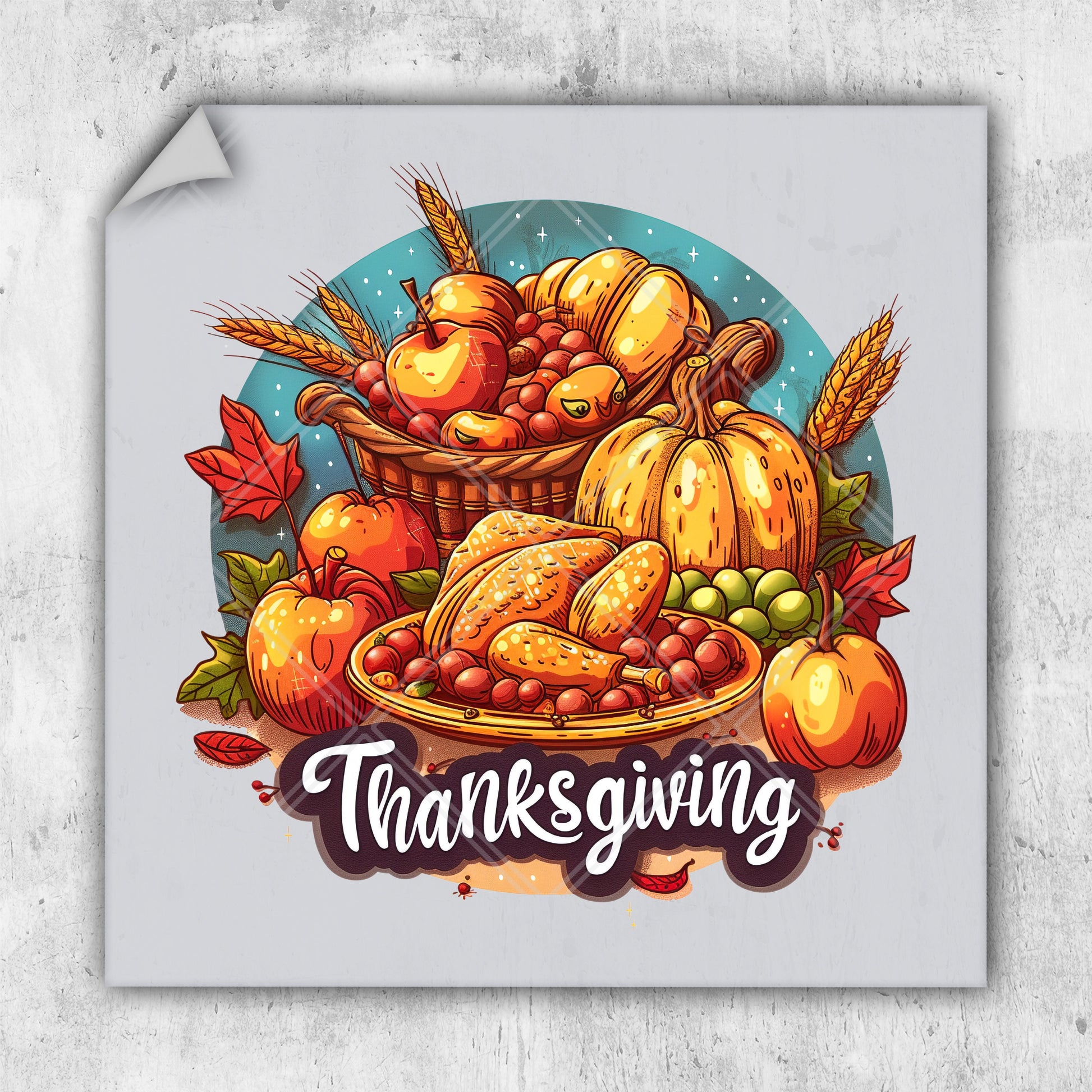 a thanksgiving card with a turkey, apples, and pumpkins