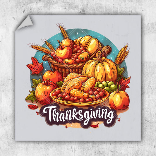 a thanksgiving card with a turkey, apples, and pumpkins