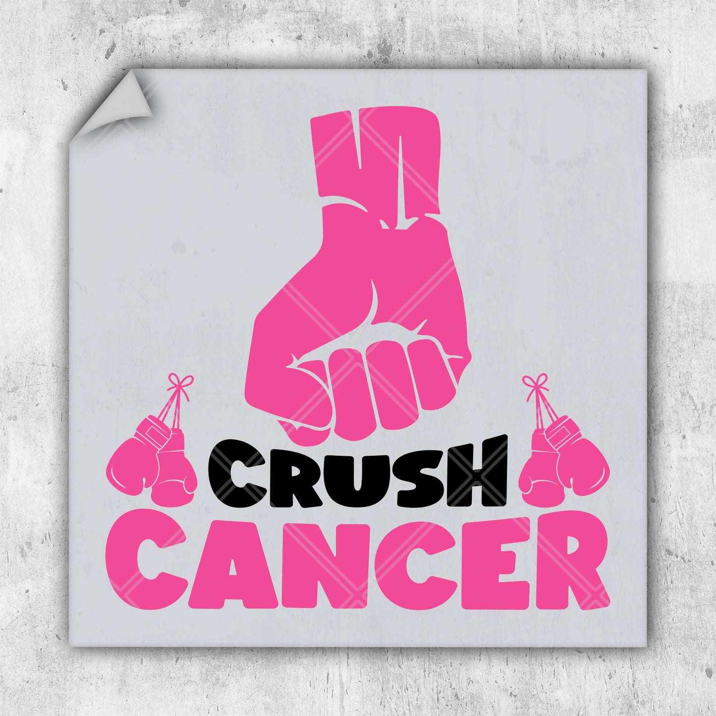 a sticker with a pink fist that says crush cancer