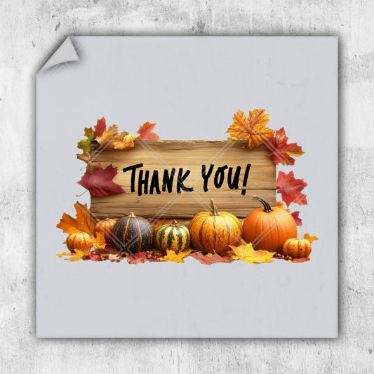 a thank card with a wooden sign surrounded by fall leaves