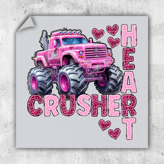 a pink monster truck with hearts on it