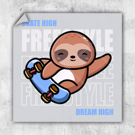 a slotty skateboarding on a skateboard with the words state high above it