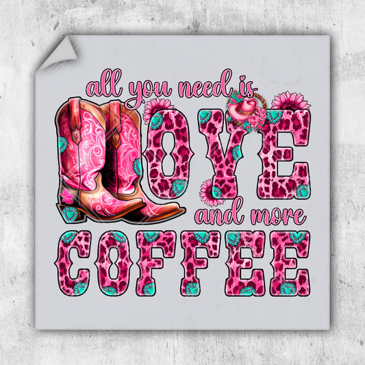 a picture of a cowboy boot with the words love and more coffee