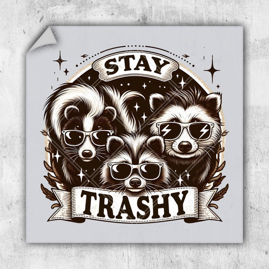 a poster with two raccoons wearing sunglasses and the words stay trashy