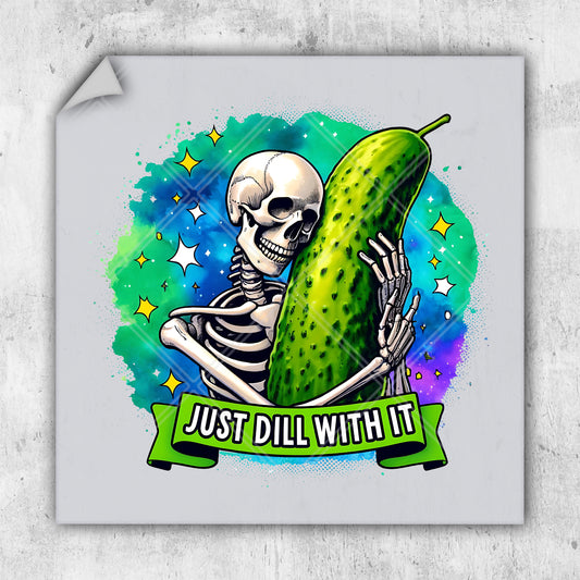 a sticker with a skeleton holding a pickle