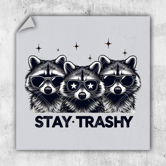 a sticker with three raccoons wearing sunglasses and the words stay trashy