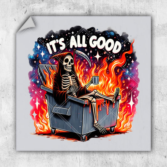 a picture of a skeleton sitting in a box on fire