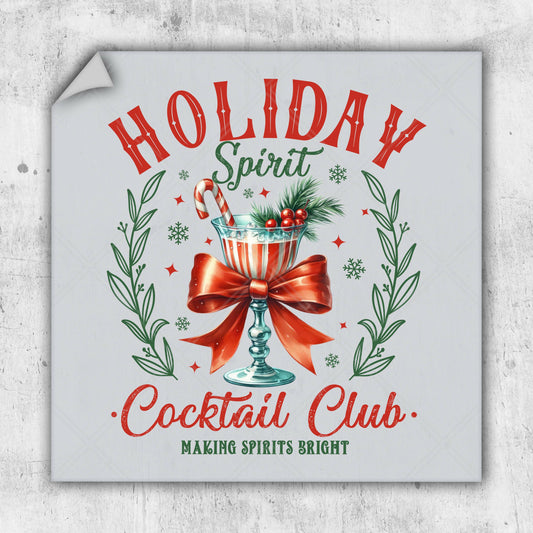 a holiday spirit cocktail club sticker on a wall