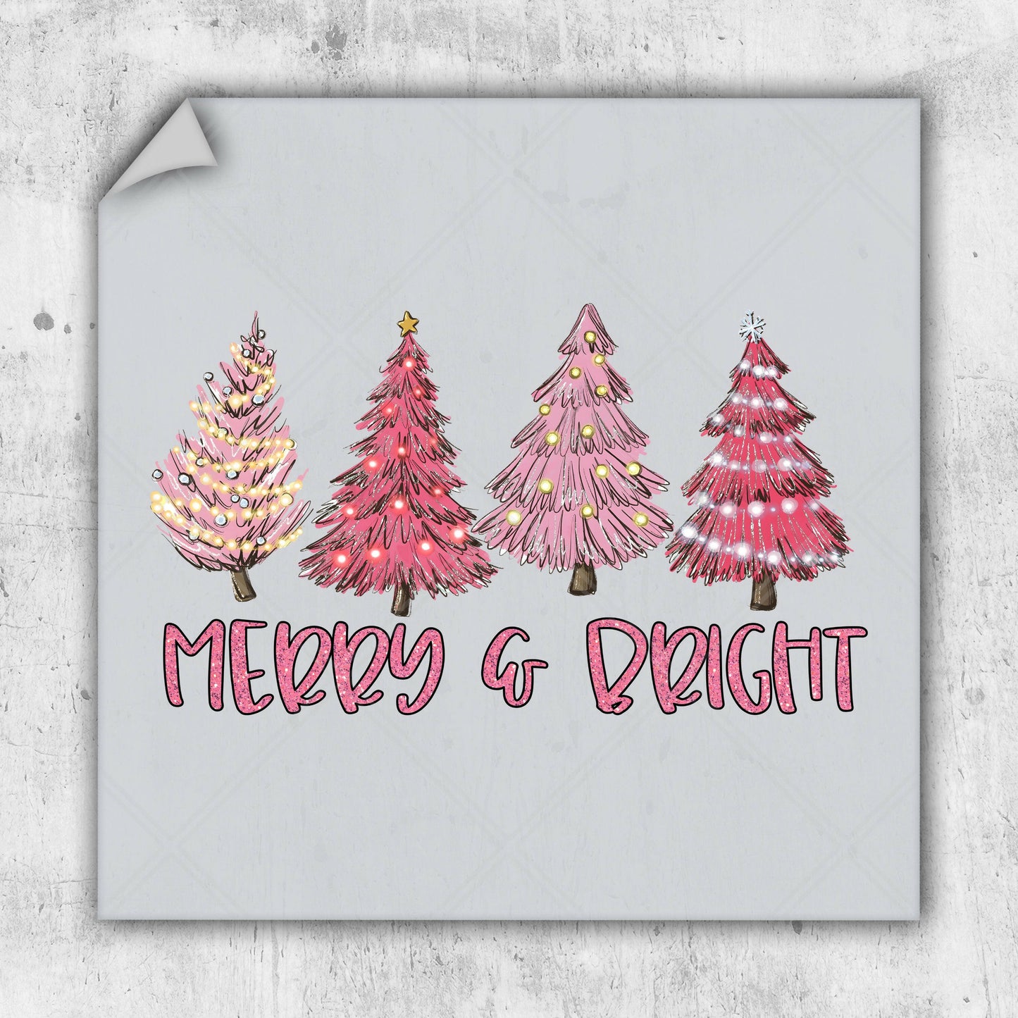 a christmas card with three trees and the words merry and bright