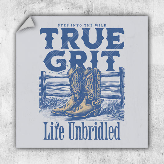 a picture of a cowboy boot with the words true grit on it