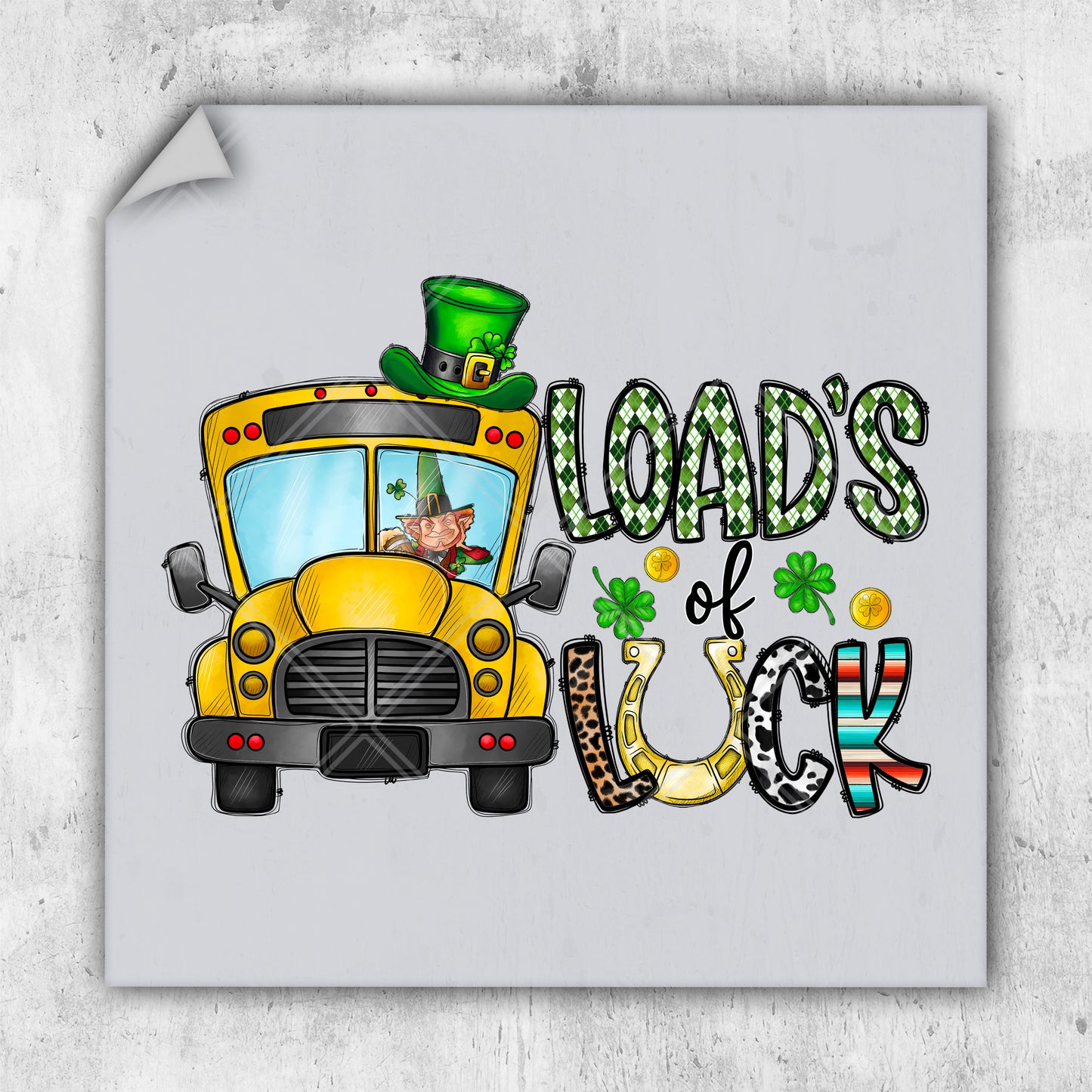 a school bus with a leprechaun driving down the road
