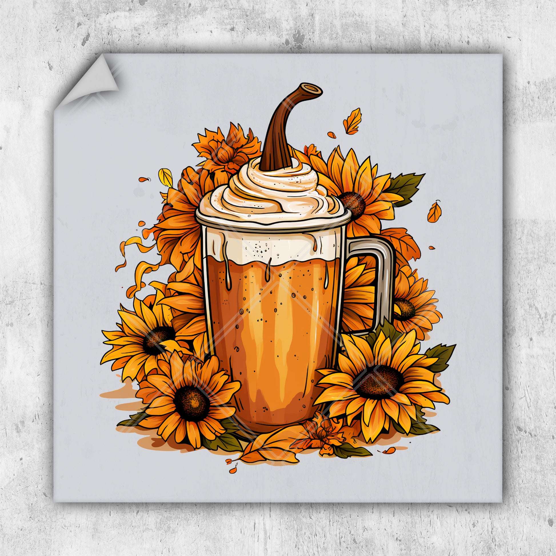 a picture of a coffee drink with whipped cream and sunflowers