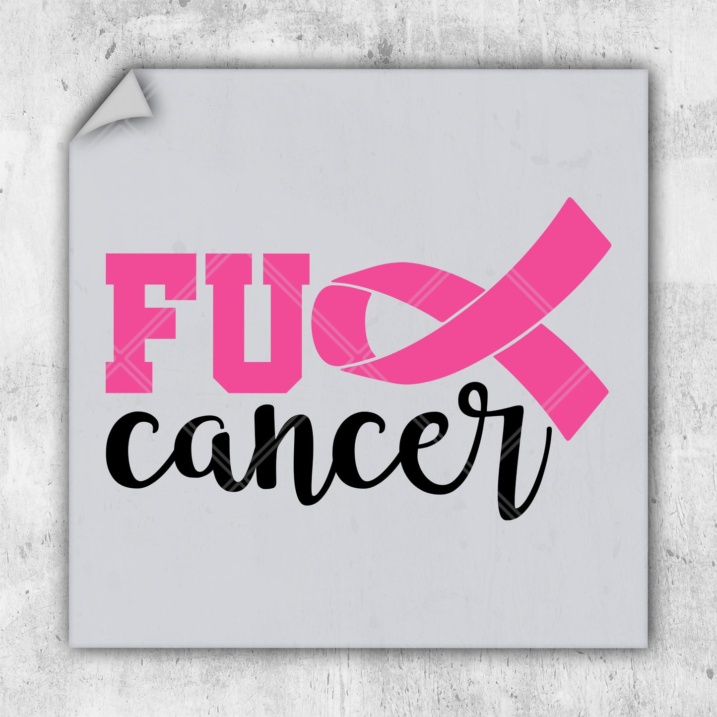 a sticker with a pink ribbon on it