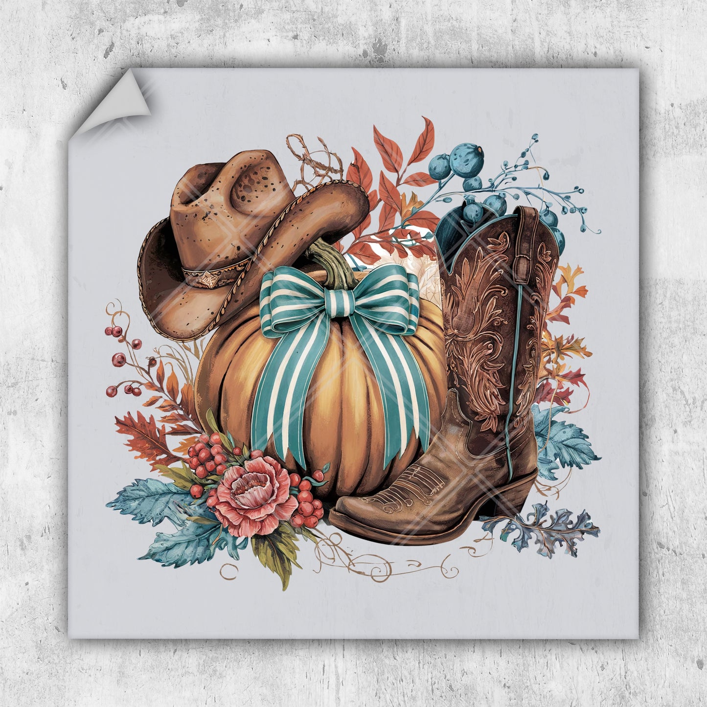 a painting of a cowboy boot, hat, and pumpkin