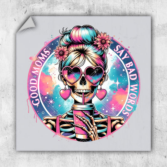 a sticker of a woman with a skull on her head