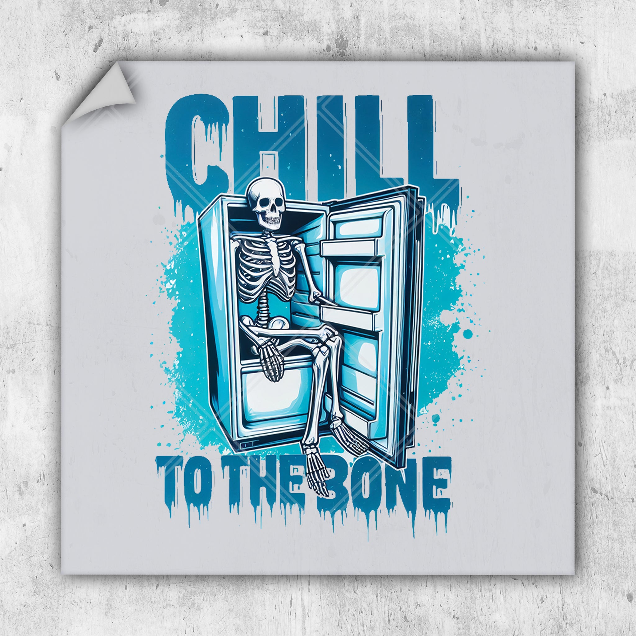 a skeleton sitting in an open refrigerator with the words chill to the bone on it