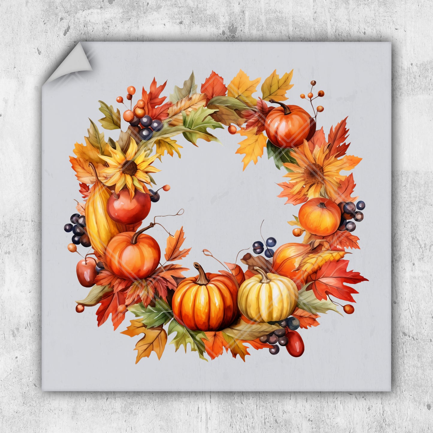 a watercolor painting of a fall wreath with pumpkins and gourds