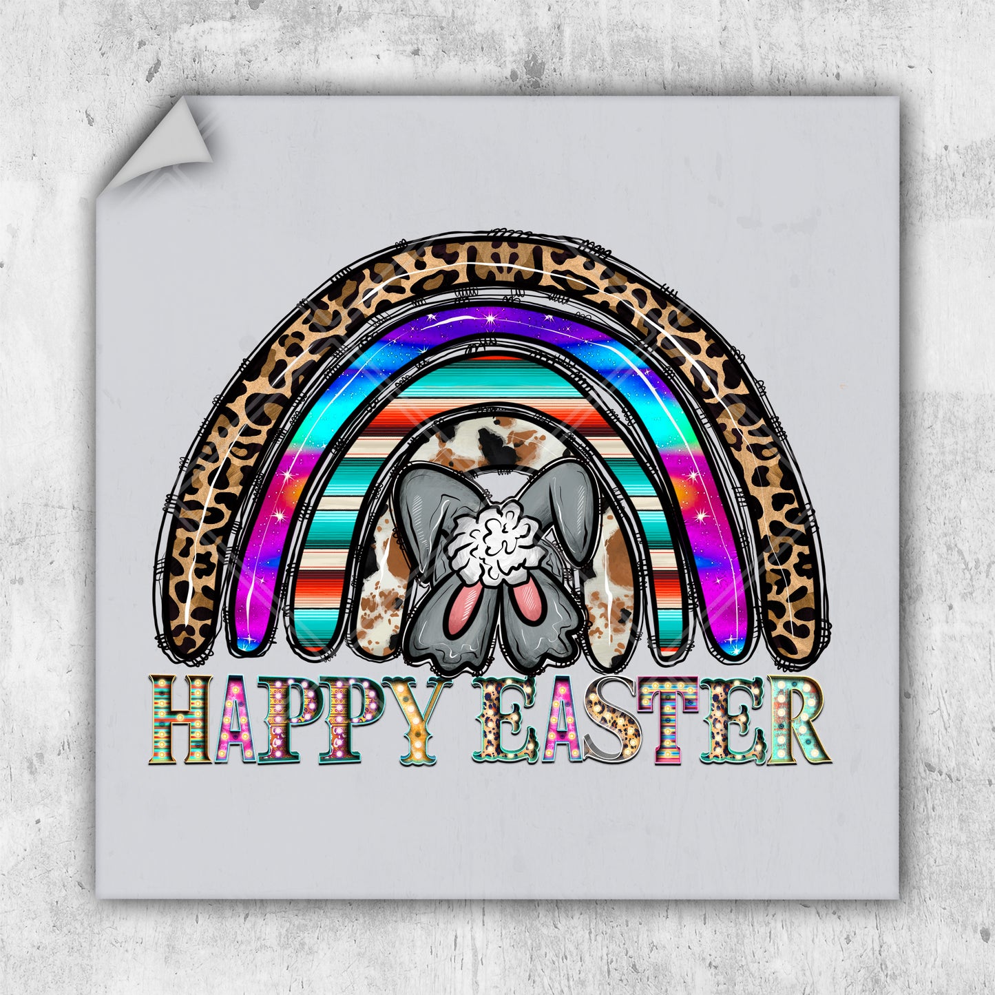 a picture of a happy easter bunny with a rainbow in the background