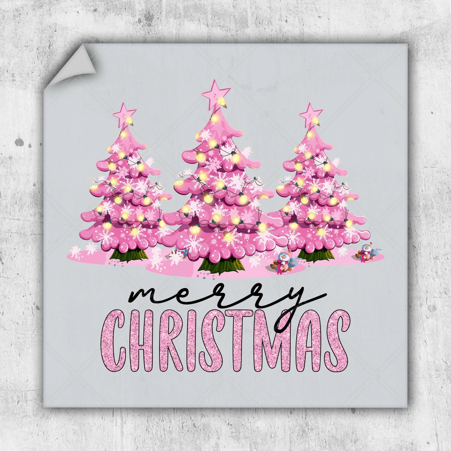 a christmas card with three pink christmas trees