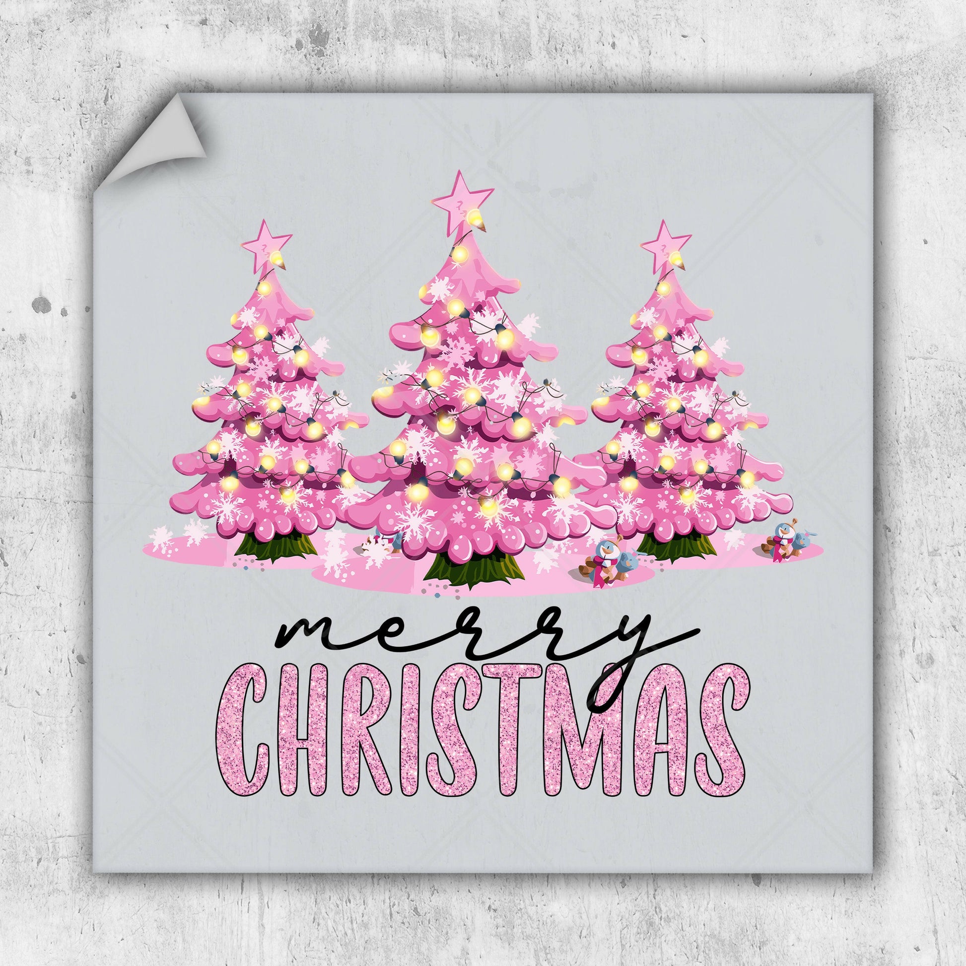 a christmas card with three pink christmas trees