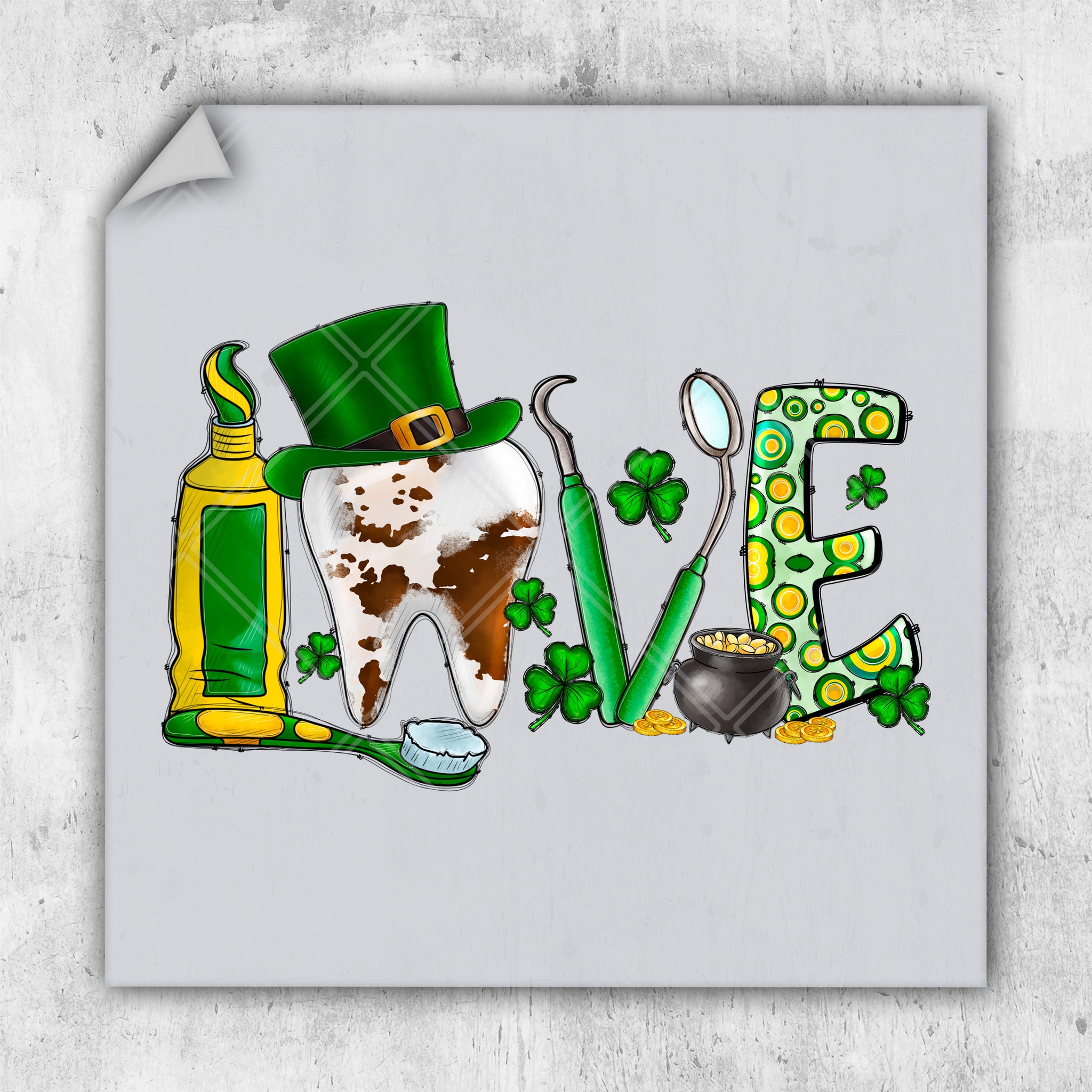 a st patrick's day card with a toothbrush, a shamrock hat,