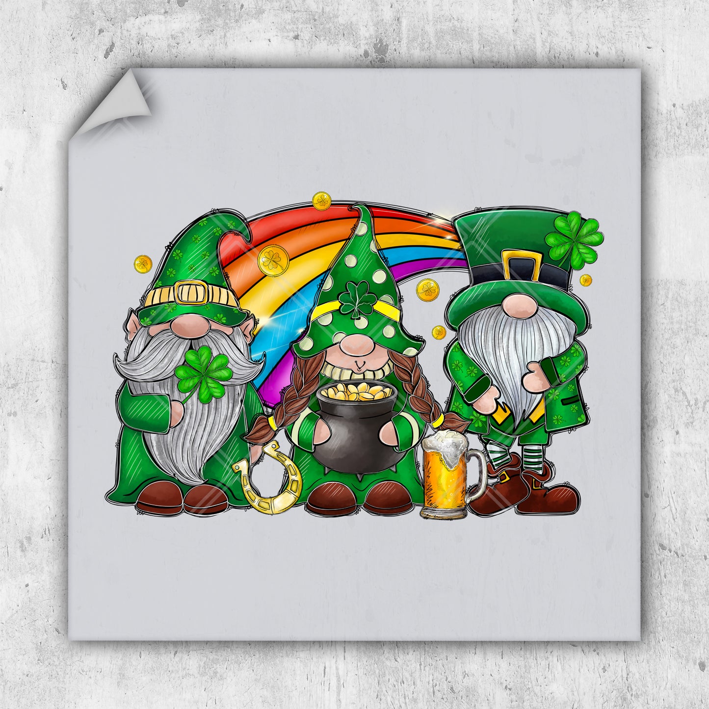 a st patrick's day card with three lepreite gnomes