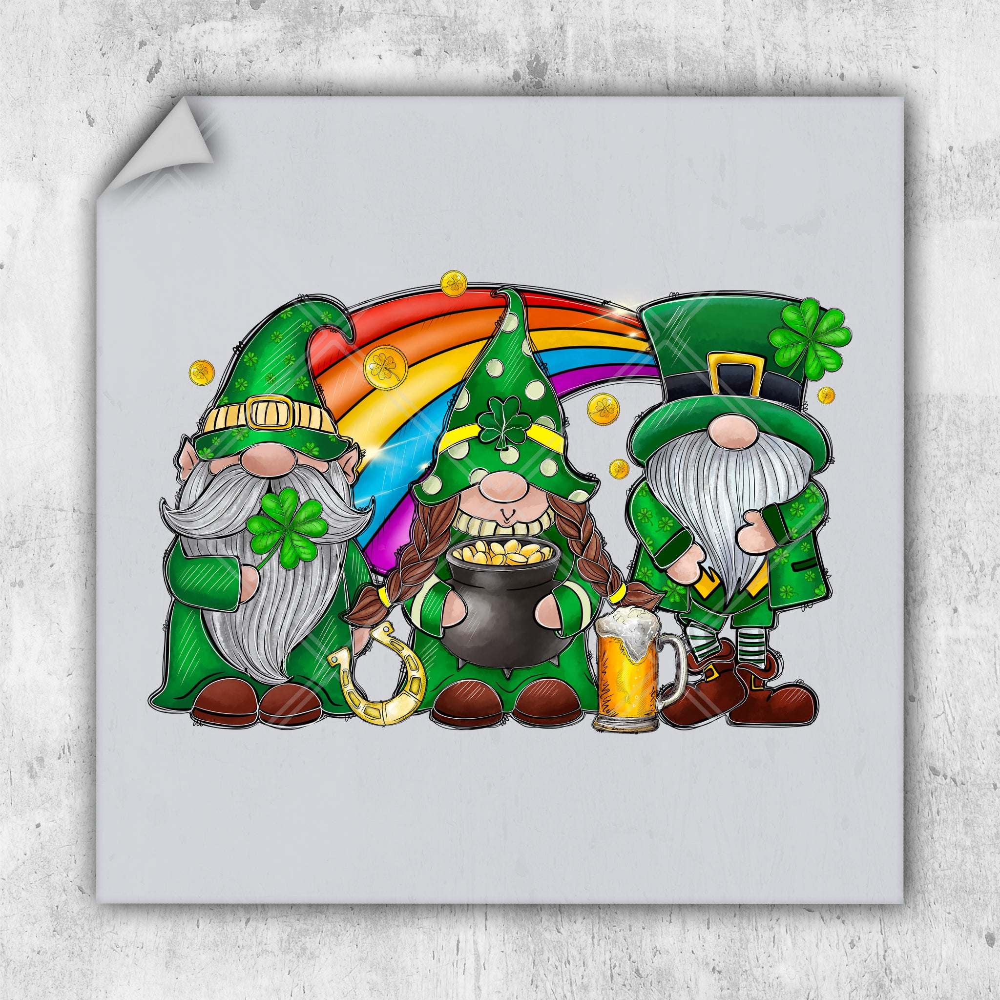 a st patrick's day card with three lepreite gnomes