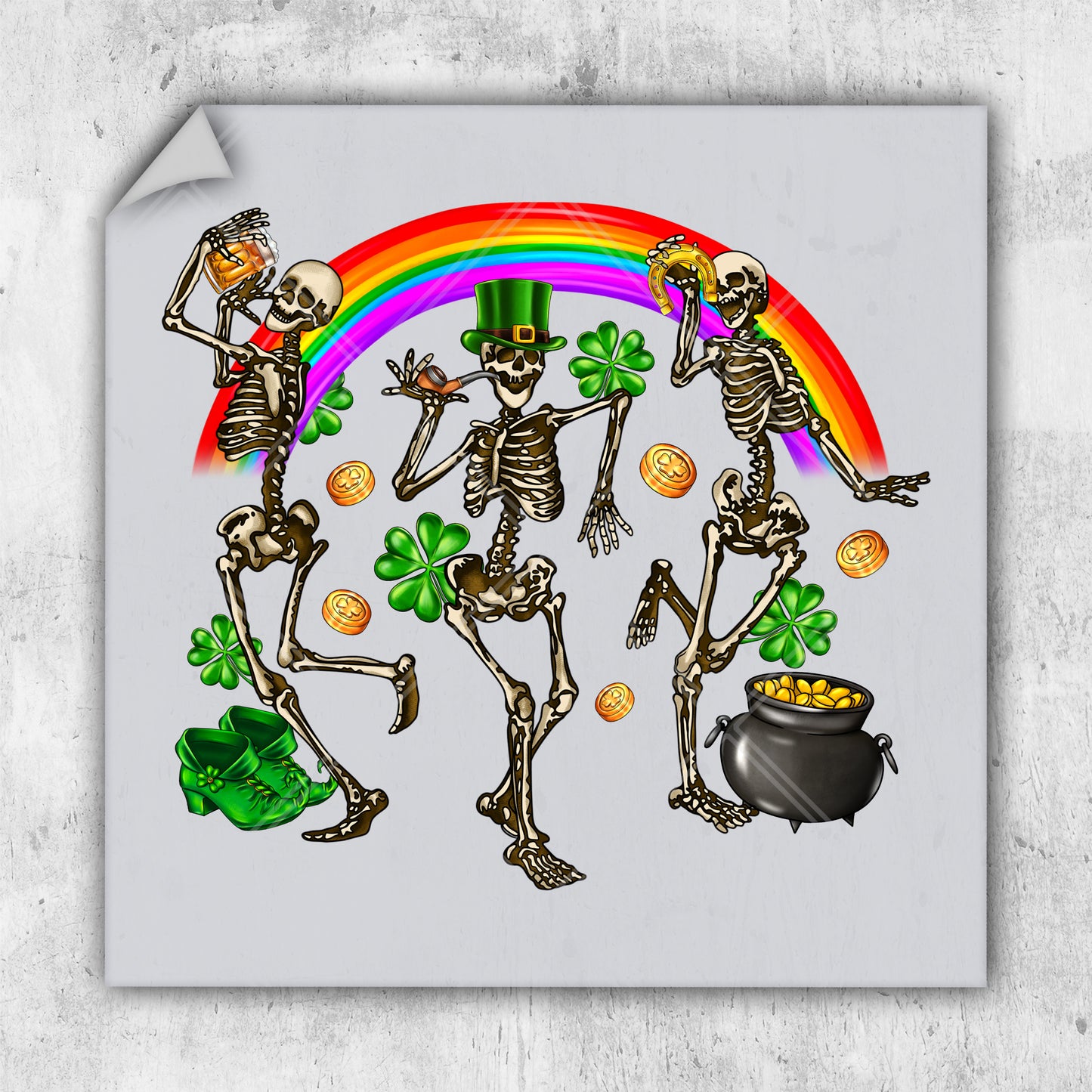 a group of skeletons dancing in front of a rainbow