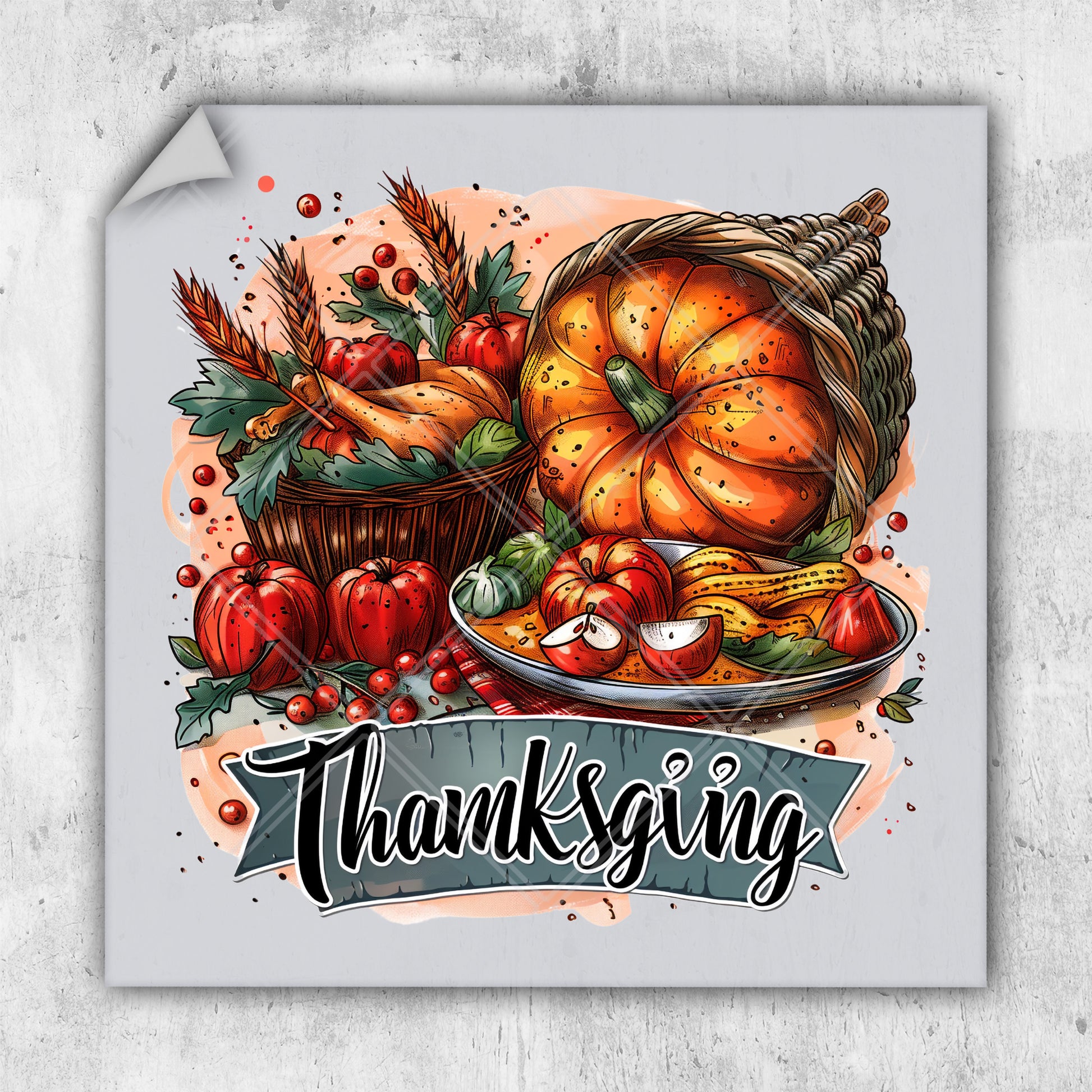 a thanksgiving card with a basket of pumpkins