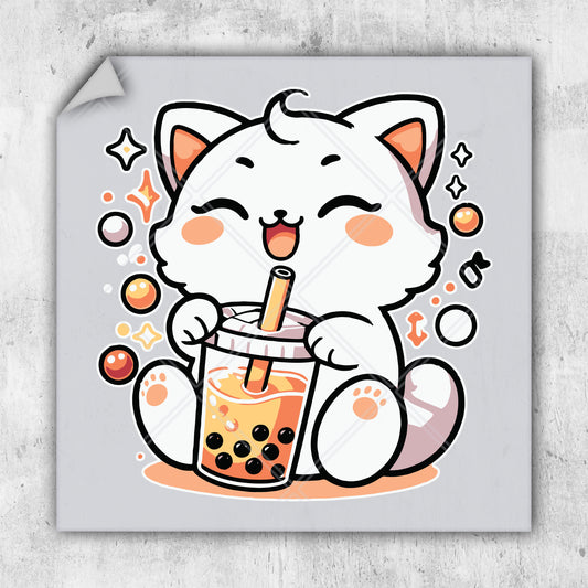 a sticker of a cat drinking a drink