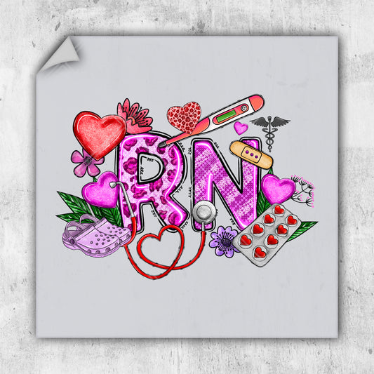 a drawing of the word rn surrounded by medical items