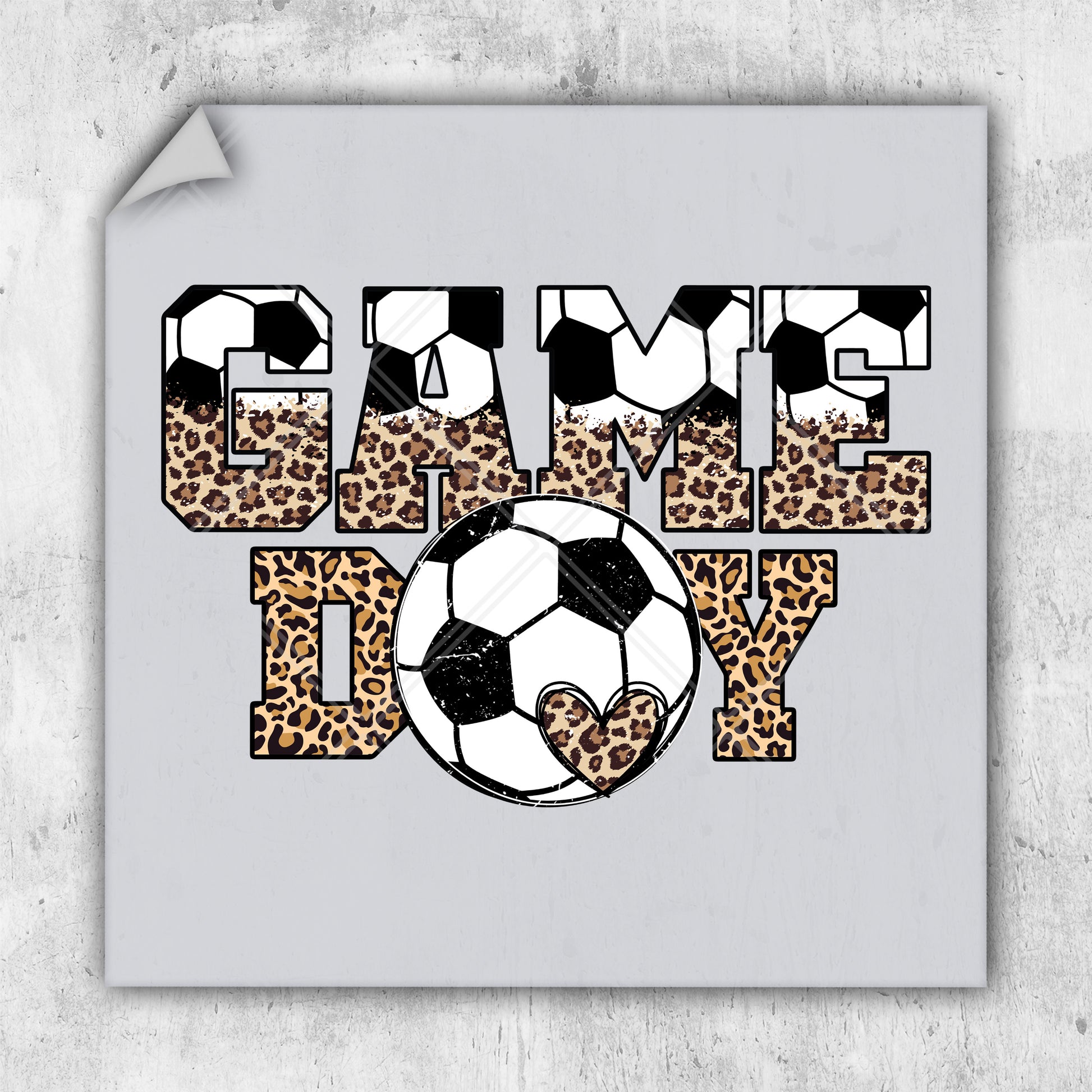 a poster with a soccer ball and leopard print