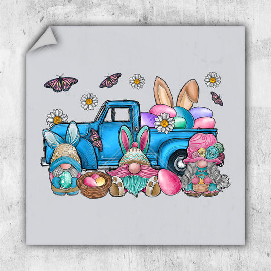 a drawing of an old blue truck with easter decorations