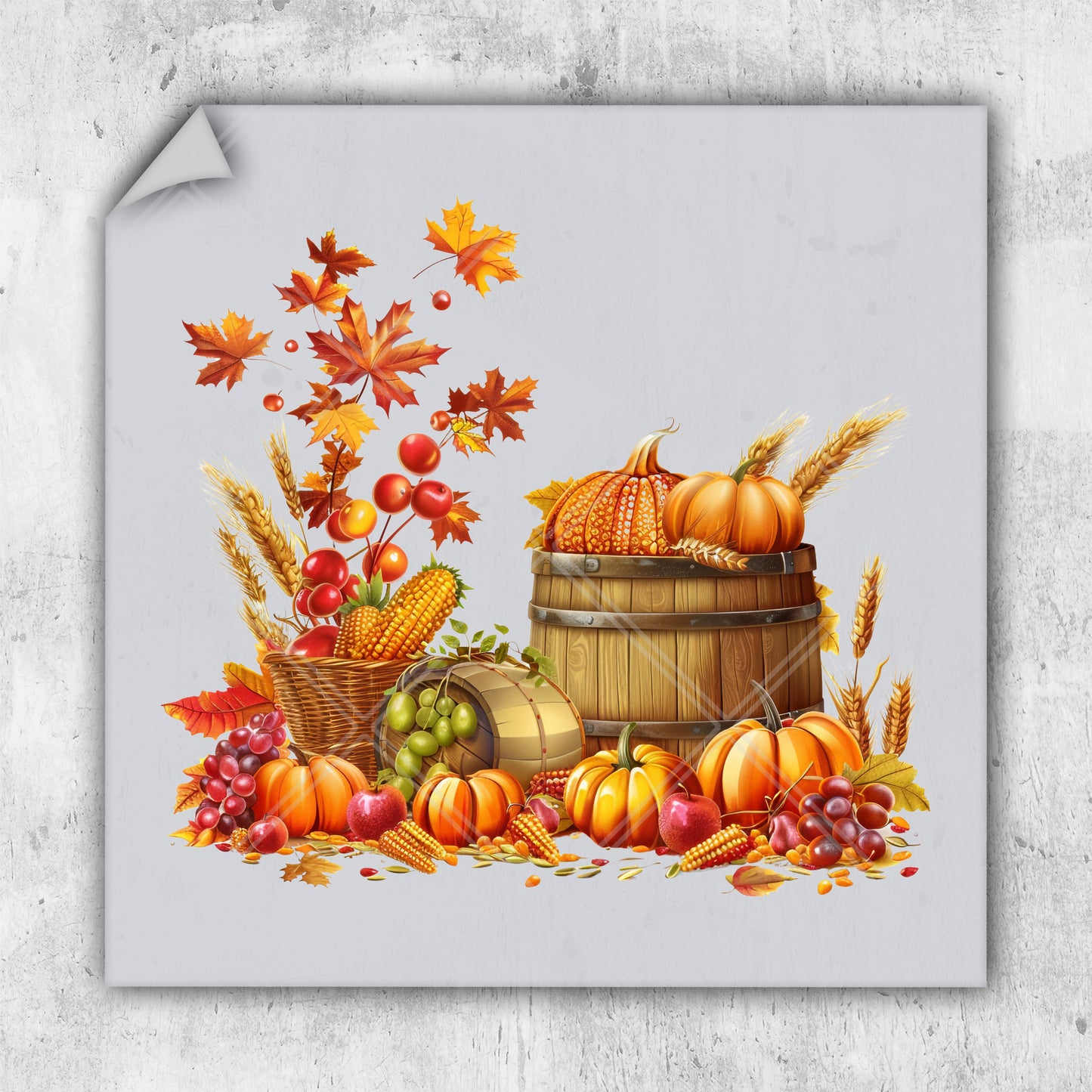 a picture of a fall scene with a barrel of wine