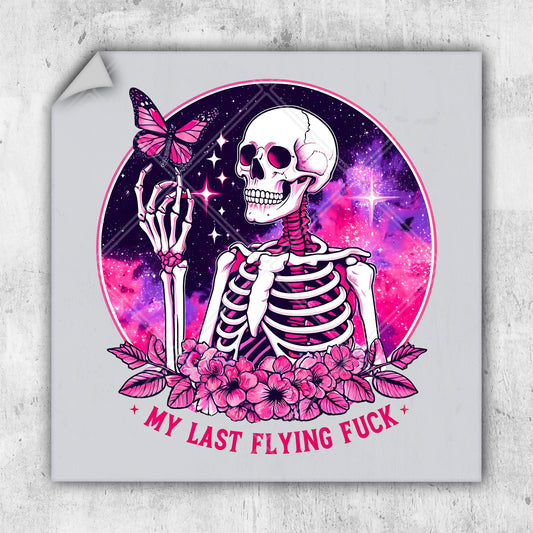 a sticker with a skeleton and a butterfly on it