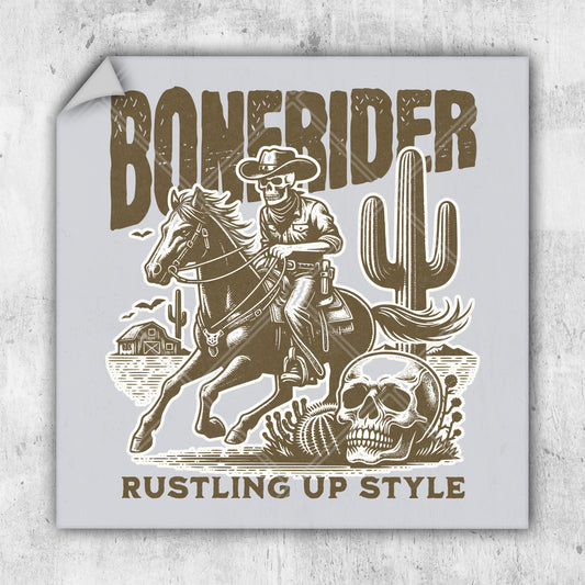 a sticker with a skeleton riding a horse