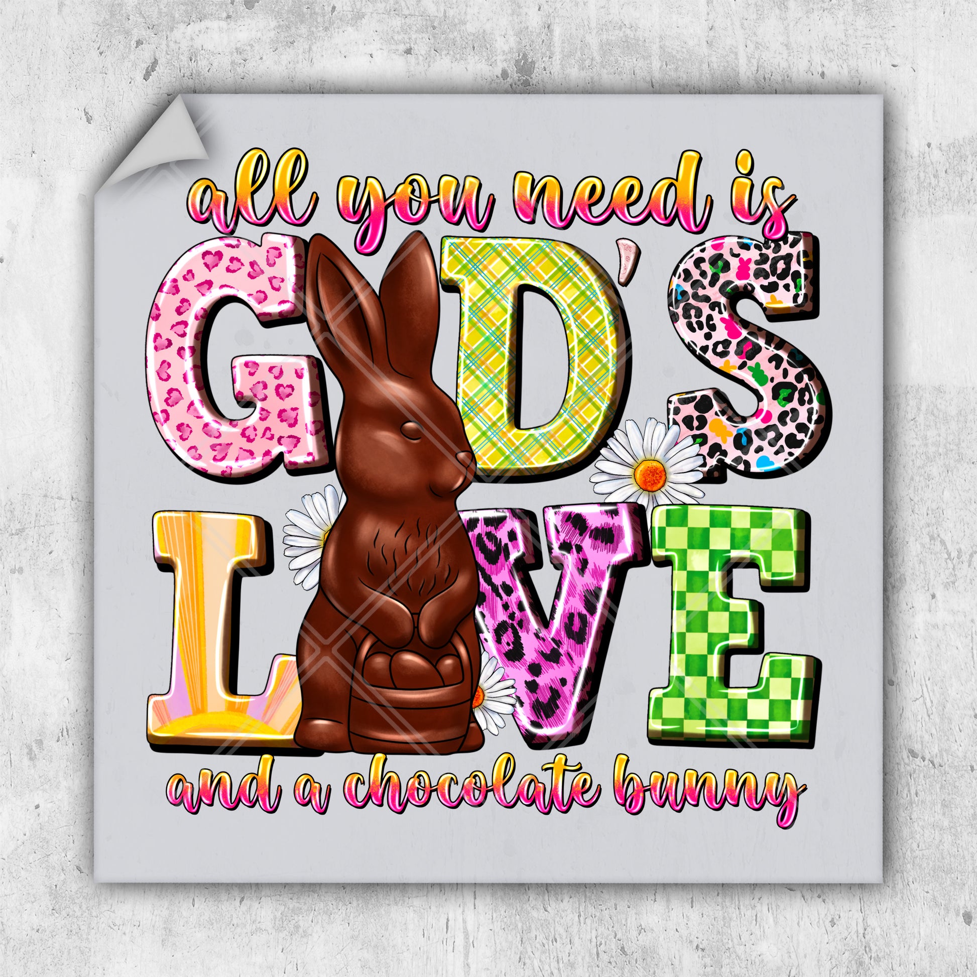 a bunny with the words god's love and a chocolate bunny