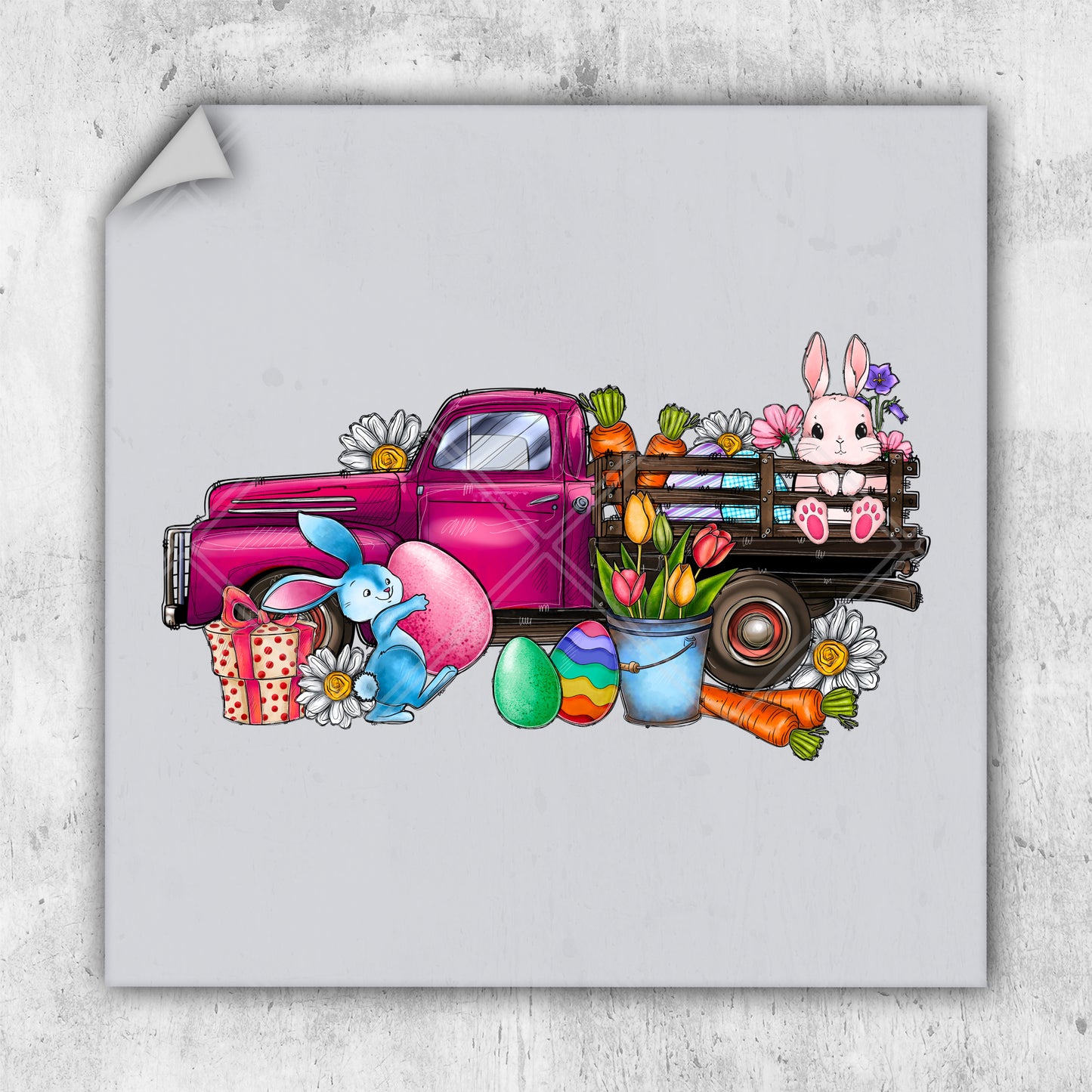 a drawing of a pink truck with a bunny sitting on the back of it