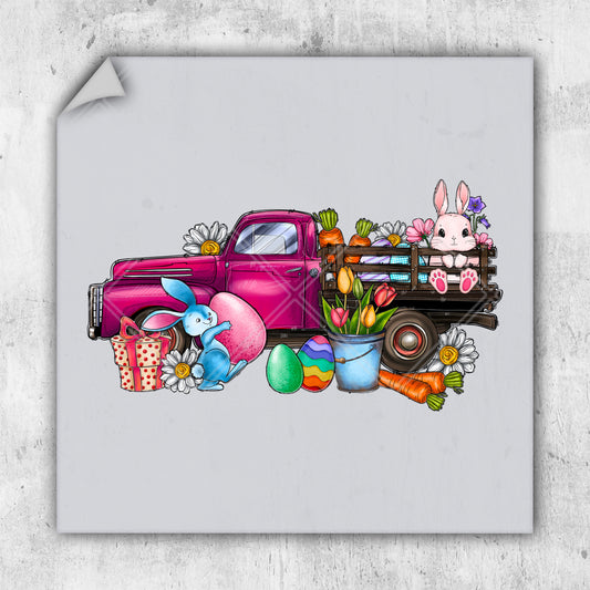 a drawing of a pink truck with a bunny sitting on the back of it