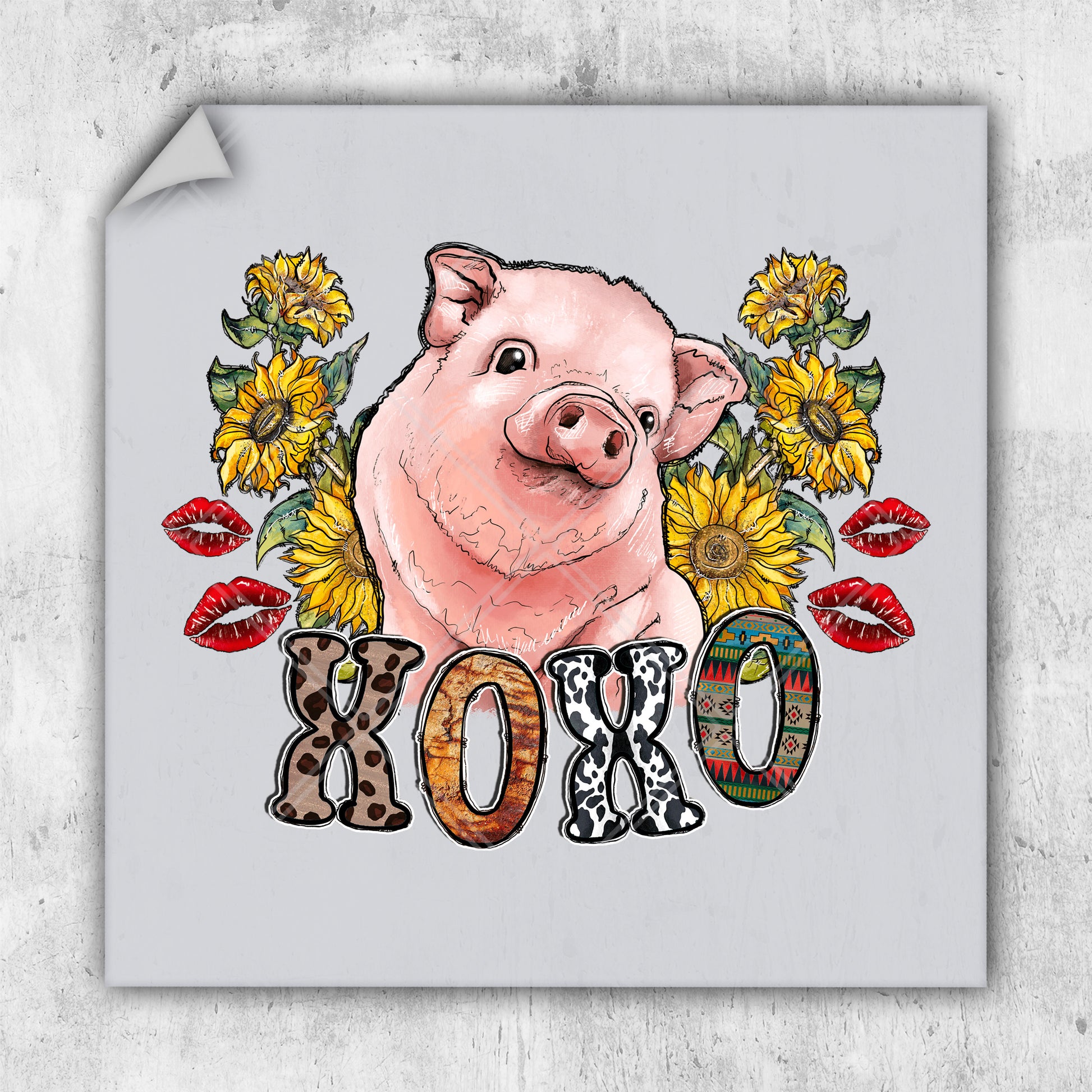 a pig with sunflowers and the word boo on it