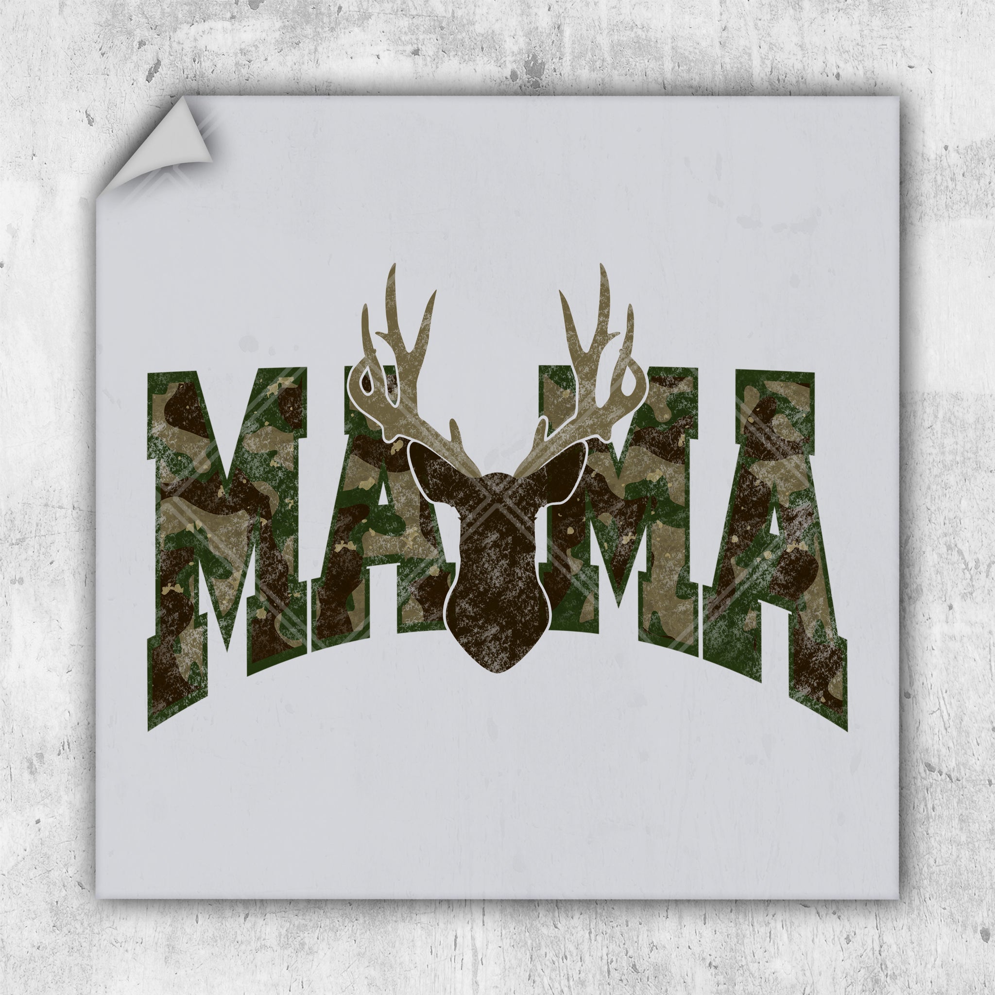 a camo deer head with the word mama on it