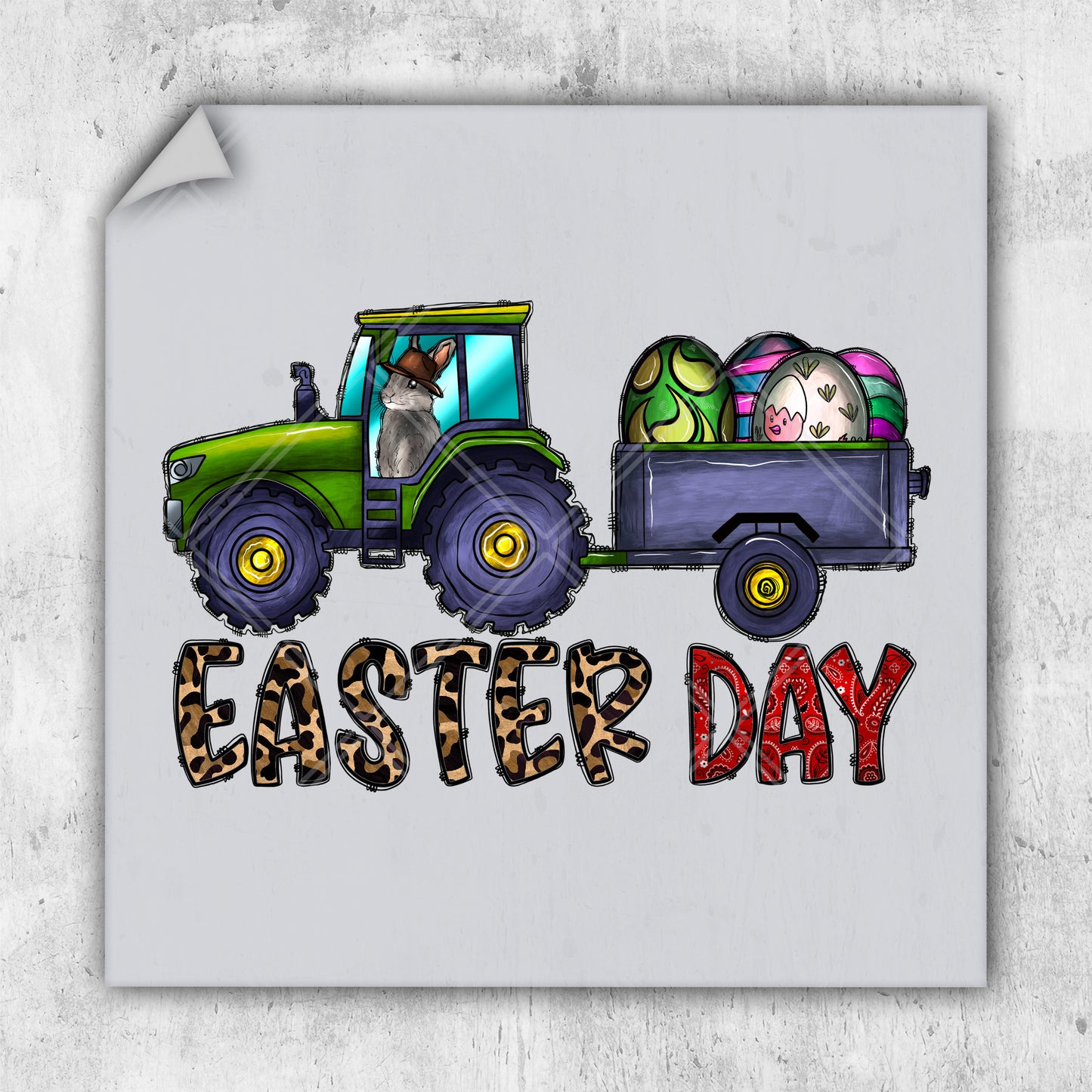 a tractor with eggs in the back of it and the words easter day