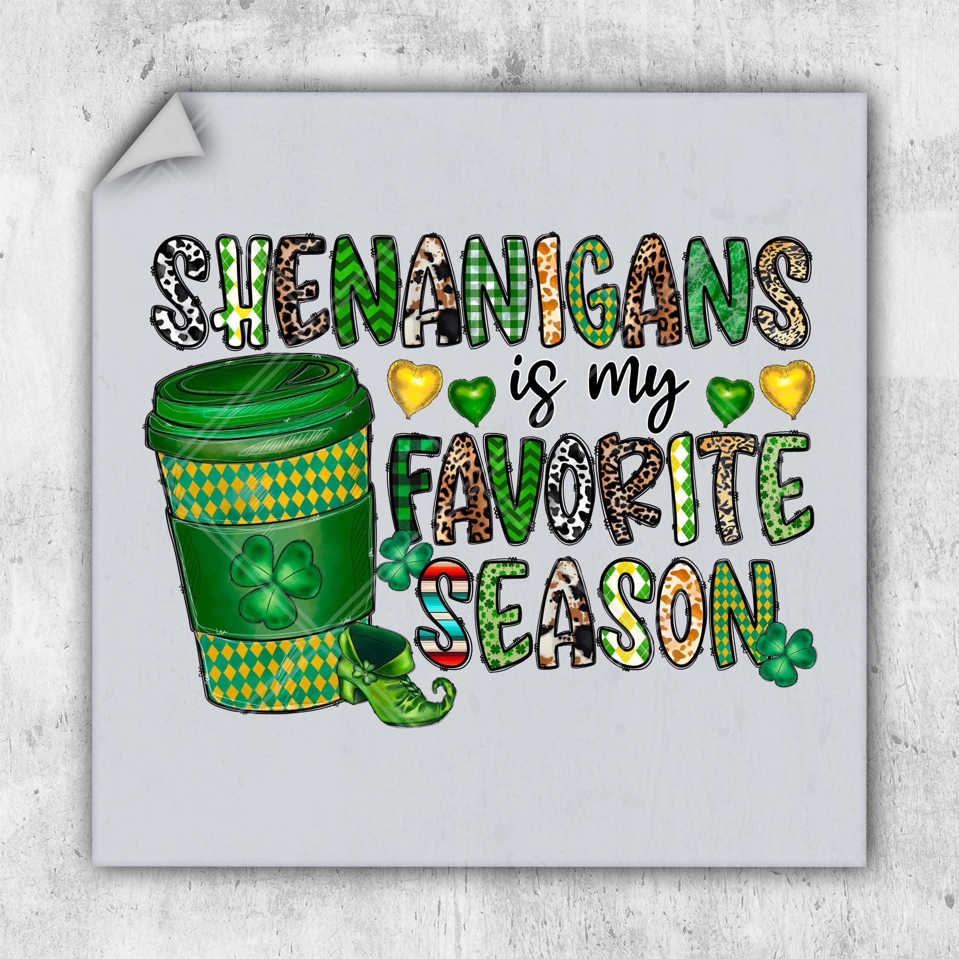 a st patrick's day card with a green mug and shamrocks