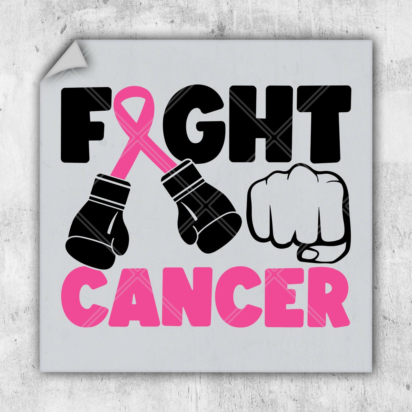 a sticker with a pair of boxing gloves and a pink ribbon