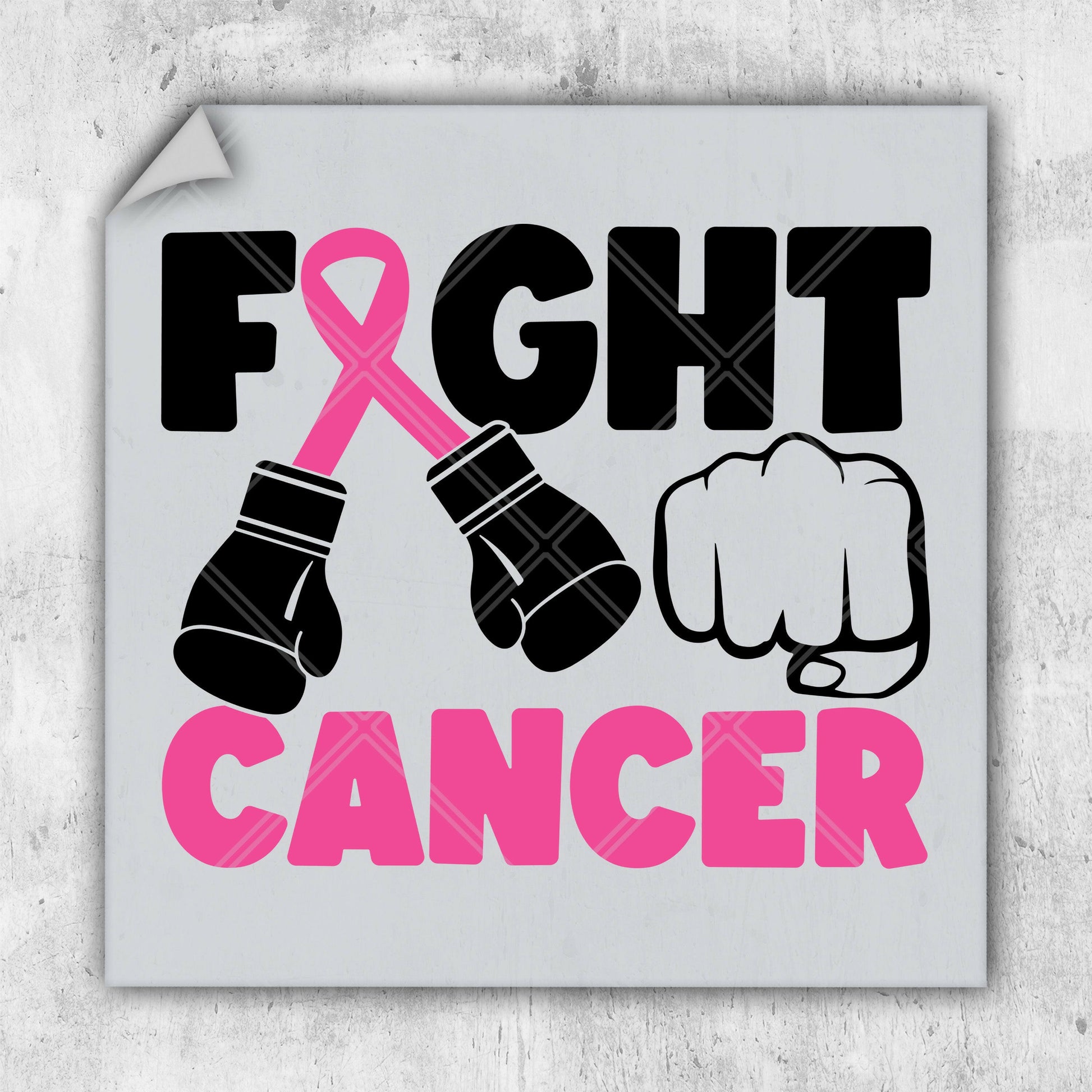 a sticker with a pair of boxing gloves and a pink ribbon