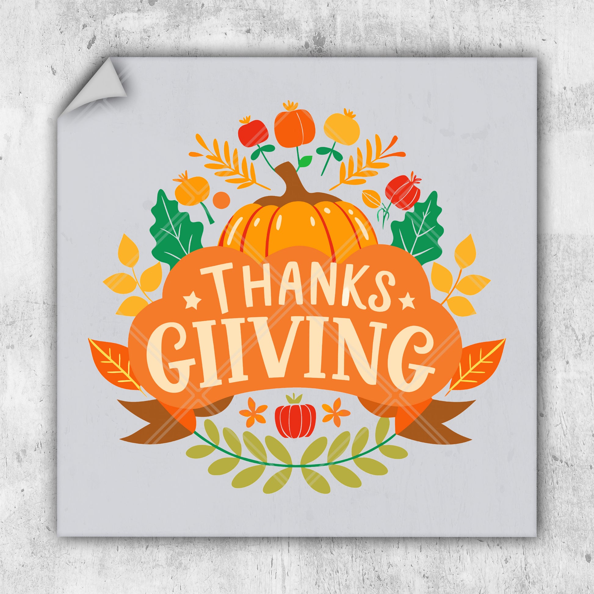 a square sticker with the words thanks giving on it