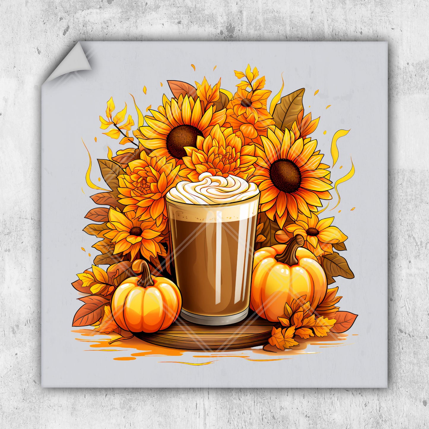 a picture of a cup of coffee with pumpkins and sunflowers around it