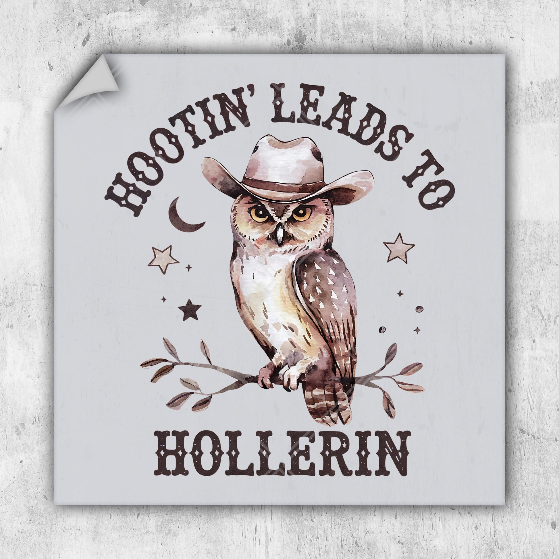 a sticker with an owl wearing a cowboy hat