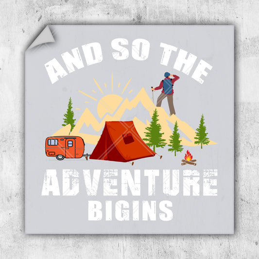 a picture of a camper and a tent with the words and so the adventure