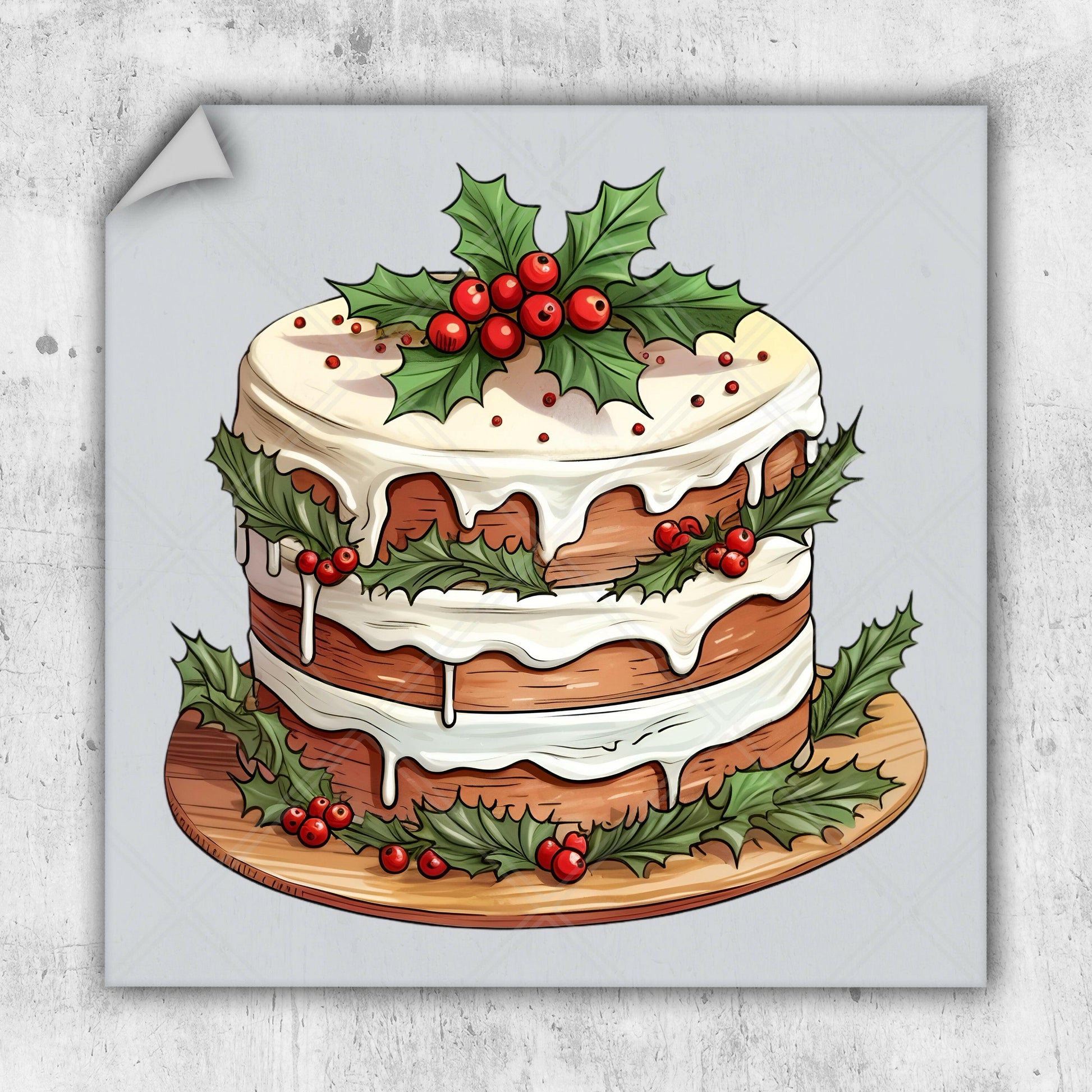 a drawing of a christmas cake with holly on top